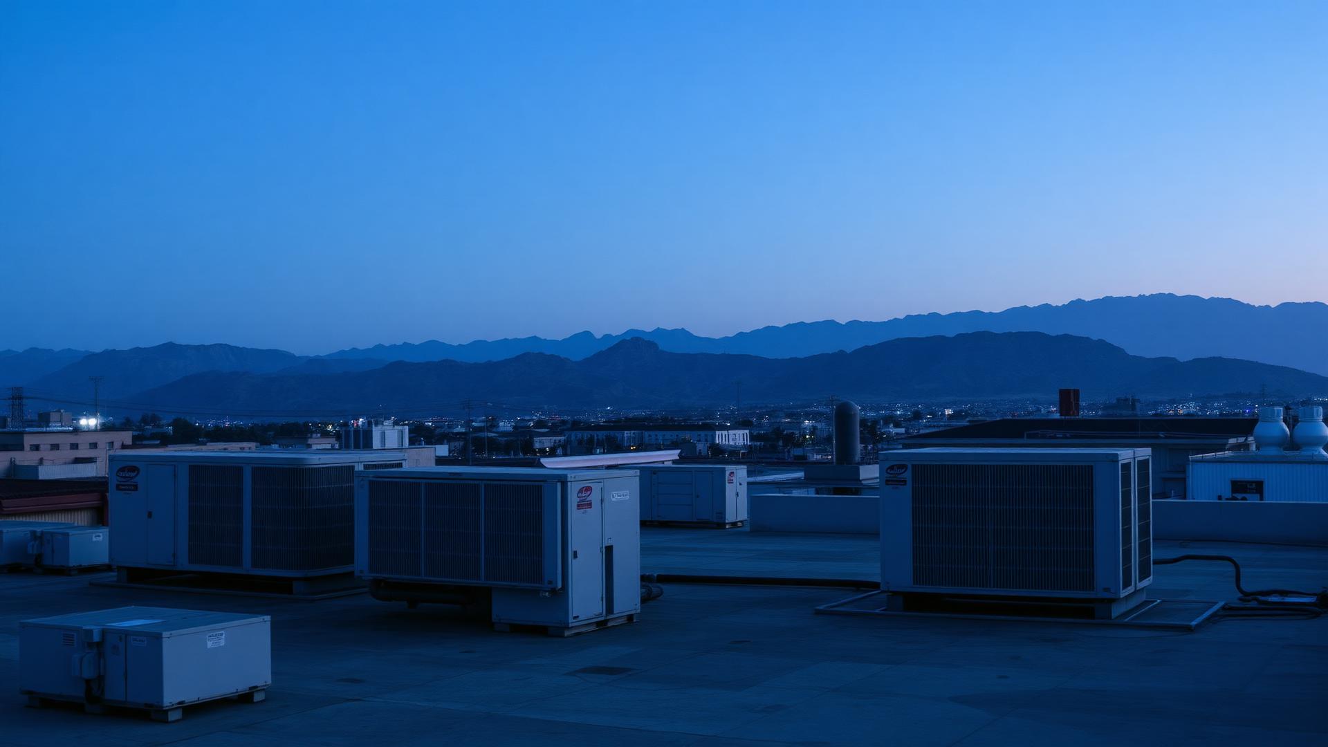 Unidades HVAC industriales en azotea al atardecer en Monterrey