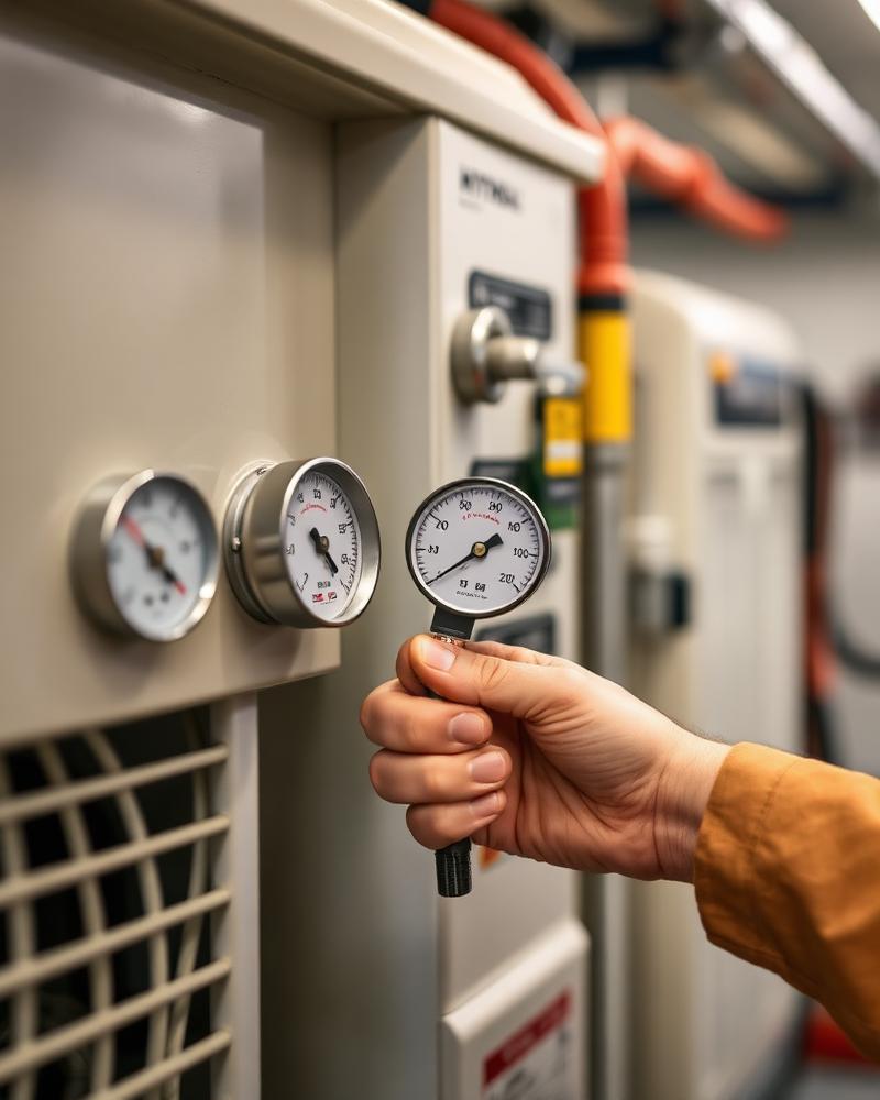 Técnico SG Vera midiendo presión en unidad HVAC